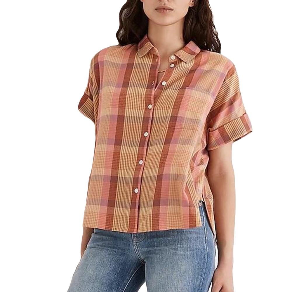 NWOT MADEWELL Top M Daily Shirt in Neon Madras Plaid